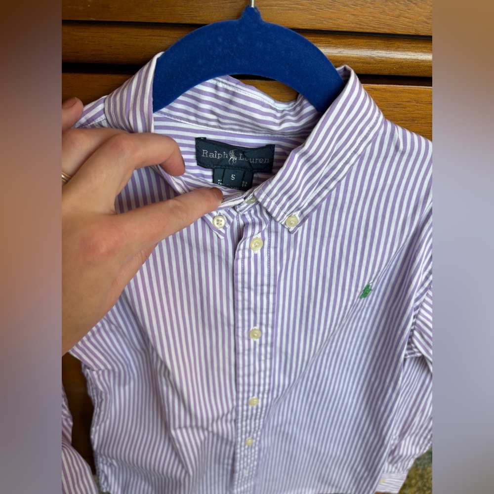 Ralph Lauren Cotton Shirt Boys Purple Striped Long Sleeve Button Classic Size 5 - Picture 9 of 10